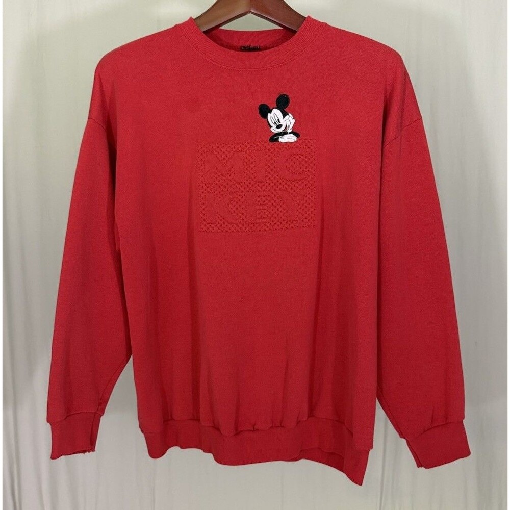 VTG Mickey Mouse Crew Neck Sweatshirt Red Embossed Embroidered *Read*